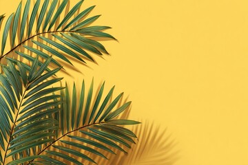 Yellow summer tropical background with tropical palm leaves. Minimal summer creative flat design. Vector illustration. High quality