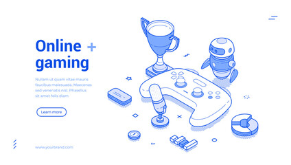 Online gaming robotics artificial intelligence cybersport outline isometric web banner design template vector illustration. Internet game virtual reality esport challenge entertainment landing page