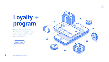 Loyalty program card payment online banking outline isometric web banner design template vector illustration. Shopping paying bonus cashback financial reward guarantee retail marketing mobile app