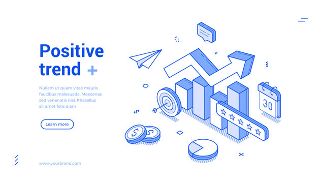 Positive trend dynamic growth business analyzing outline isometric web banner vector illustration. Statistic analysis increase arrow productivity efficiency achievement management landing page