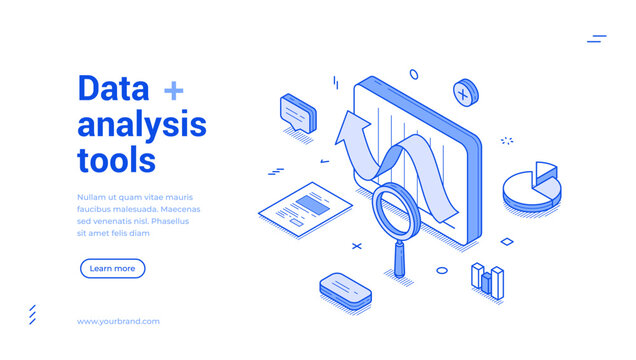 Data analysis tools statistic planning development outline isometric web banner design template vector illustration. Database business analyzing graph research infographic information landing page