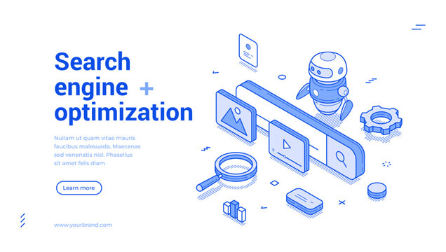 Search engine optimization SEO internet searching outline isometric web banner design template vector illustration. Online browser information social media solution cyberspace technology landing page