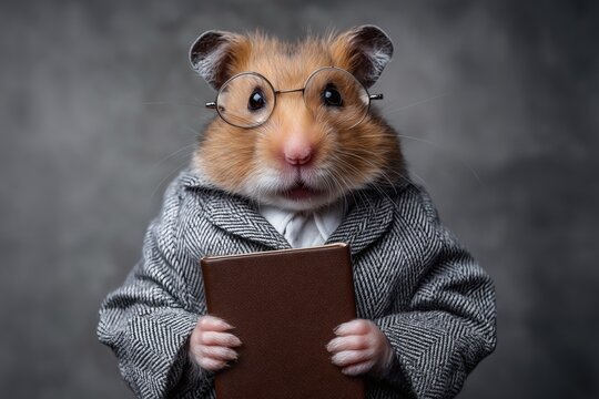 funny hamster holding book in gray room, tiny teacher standing and teaching, concept knowledge and wisdom