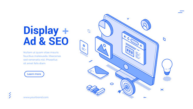 Display ad SEO internet digital marketing outline isometric web banner design template vector illustration. Online advertising computer search engine optimization strategy development landing page