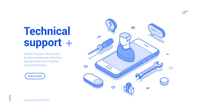 Technical support call center consulting mobile app outline isometric web banner design template vector illustration. Technician helpline hotline operator help chat assist communication landing page