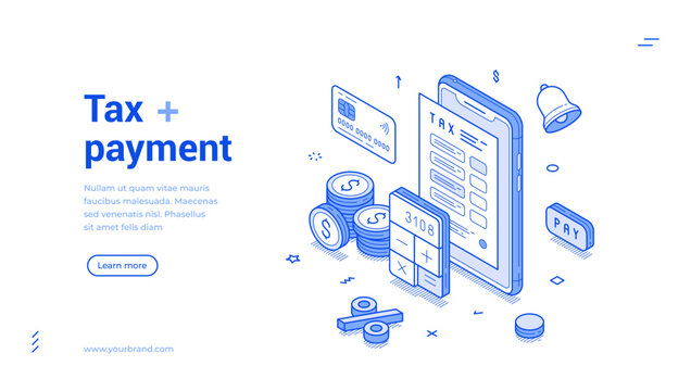 Tax payment financial business accounting outline isometric web banner design template vector illustration. Regular paying budget balance calculating law government deadline pay landing page