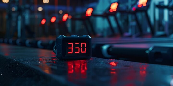 A digital display shows time on a treadmill in a modern gym setting