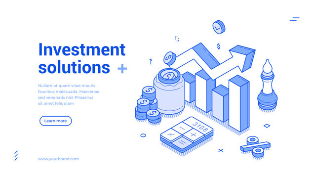 Investment solutions financial business strategy outline isometric web banner design template vector illustration. Budget savings profit wealth commercial fund banking money management landing page