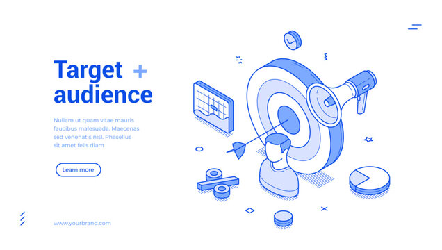Target audience startup business success strategy outline isometric web banner design template vector illustration. Financial marketing management achievement efficiency productivity landing page