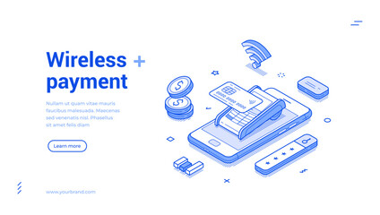 Wireless payment POS terminal online banking outline isometric web banner design template vector illustration. Internet e money cashless paying financial digital technology mobile app landing page