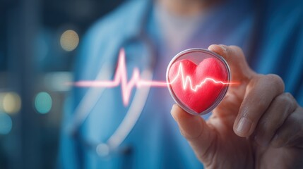 Medical professional holding transparent circular object with animated heartbeat icon.