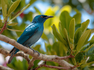 Obraz premium Close up of a blue bird perched on a branch surrounded by green leaves in natural sunlight outdoors