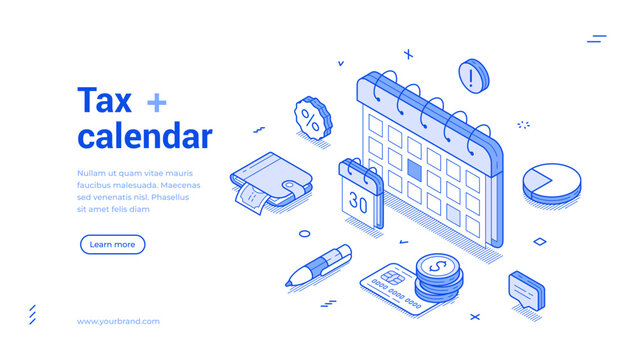 Tax calendar law payment deadline control outline isometric web banner design template vector illustration. Financial business paying accounting management reminder schedule landing page