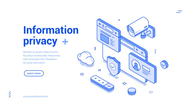 Personal information privacy protection secure outline isometric web banner design template vector illustration. User account private safe internet security access verification technology landing page