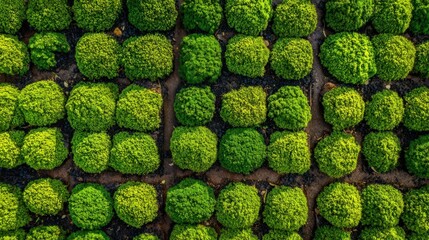 Dense lush green mossy spherical bushes arranged in organized pattern in garden.