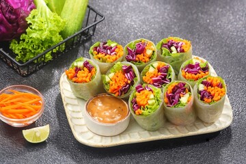 Vietnam Spring Roll. Vietnamese spring rolls, summer spring rolls, or salad spring rolls, a traditional dish in Vietnamese cuisine consisting of pork, shrimp, vegetables, bún, and other ingredients wr