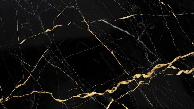 Detailed abstract of polished black marble surface featuring golden and white intricate vein patterns for luxury interior design and stone texture backgrounds