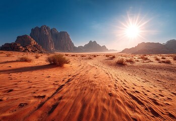 Naklejka premium Breathtaking view of the Wadi Rum desert in Jordan, captured with a wide-angle lens and high-resolution photography. This professional-quality stock photo features stunning color grading, resulting 