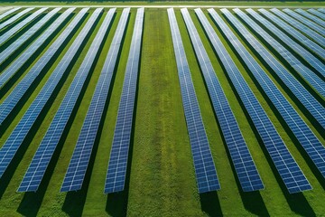 Aerial view of a solar farm with rows of blue photovoltaic panels on a green grass field, showcasing renewable energy and sustainable development