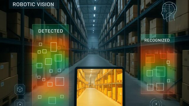 AI-powered robotic vision system detecting and recognizing objects in a modern warehouse with HUD interface