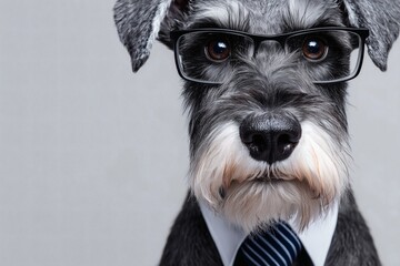 schnauzer glasses tie, elegant dog portrait, concept office style