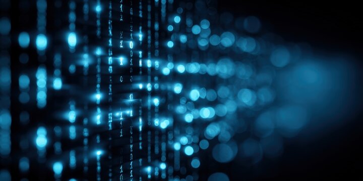 Futuristic Digital Data Stream with Binary Code and Light Effects in Dark Environment. - Powered by Adobe