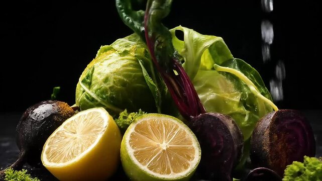 Fresh produce, including beets, cabbage, lemons, and parsley, is displayed on a dark surface, with water droplets visible.