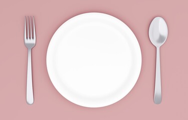 3Dイラスト_皿とカトラリー_赤