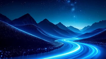 Abstract cosmic night scene with mountains, river, and starry sky creating a serene, futuristic landscape, blue tones. - Powered by Adobe