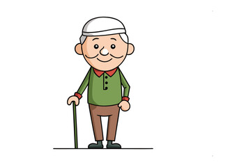 Elderly Gentleman's Stroll: A charming cartoon illustration portrays a smiling elderly gentleman with a cane, exuding warmth and resilience in a minimalist style.