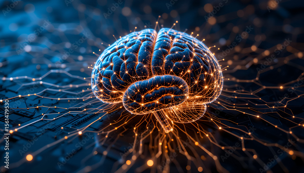 Poster glowing brain illustration depicts intelligence, neural networks, technology, and artificial intelli