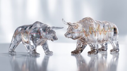 Obraz premium Crystal sculptures of a rhinoceros and a bull with electronic wave patterns on a reflective surface.