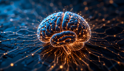 Glowing brain illustration depicts intelligence, neural networks, technology, and artificial intelligence concepts with intricate circuit patterns.