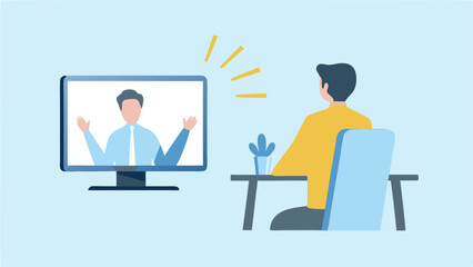 Man sitting at desk watching video call on computer with presenter on screen in light blue room
