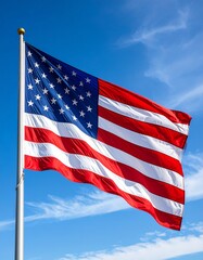 Obraz premium Close-up of American flag waving in the wind with clear blue sky background