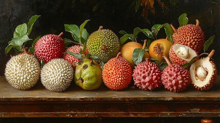 Still life of exotic fruits. Colorful display of various tropical fruits, including rambutan, mangosteen, and other similar exotic species, arranged on a wooden table.