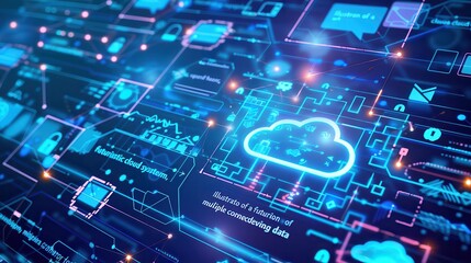 Futuristic cloud system interface with glowing lines and data connections in blue and pink hues