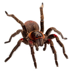 A detailed close-up of a tarantula with a transparent background. The spider has brown and red markings, long hairy legs, and prominent fangs.