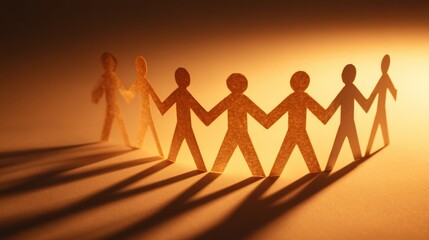 Brightly lit paper cutout paper chain of people holding hands with long shadows and warm sunset background.