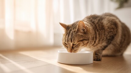 Adorable tabby cat eating from white bowl on wooden floor with sunlight.