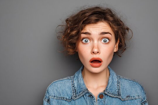 Close up photo amazing beautiful she her lady look big full fear eyes open mouth oh no expression despair displeased wearing casual jeans denim shirt clothes outfit isolated grey background 