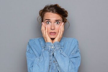 Close up photo amazing beautiful she her lady look big full fear eyes open mouth oh no expression despair displeased wearing casual jeans denim shirt clothes outfit isolated grey background 
