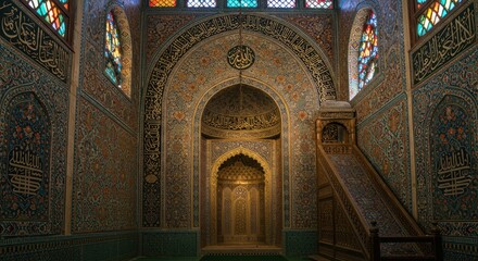 Ornate Mihrab and Intricate Islamic Calligraphy in a Historical Mosque Interior