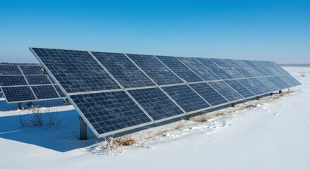 Renewable Energy in Winter: Solar Panels Harnessing Sunlight Under a Clear Sky