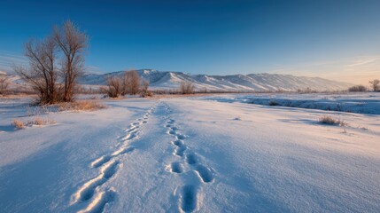 Wide snowy landscape under clear blue sky with distant mountains and bare trees.