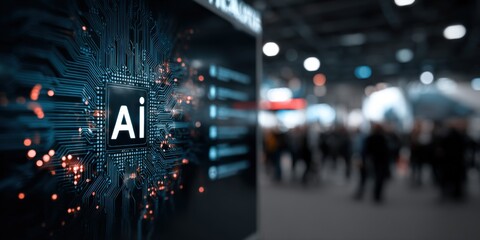 Advanced Artificial Intelligence Technology Display with Digital Circuitry and Data Visualization at Tech Conference.