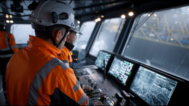 Two men in orange jackets are looking out the window of a ship