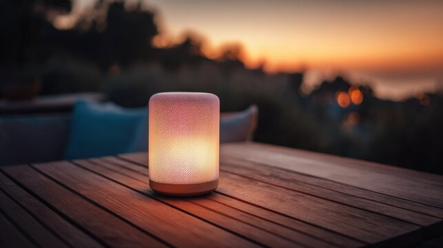 Modern smart speaker glowing with warm light on outdoor wooden table during sunset.