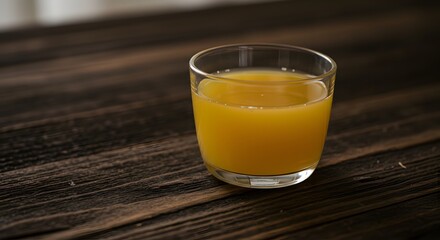 Glass of orange water on wooden table with dark background