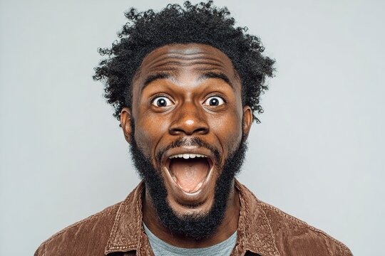 Close up photo happy surprised excited face miracle good news amazing rejoice saying wow African American ethnic man open mouth wide surprise male at home insurance loan owner achieve success 